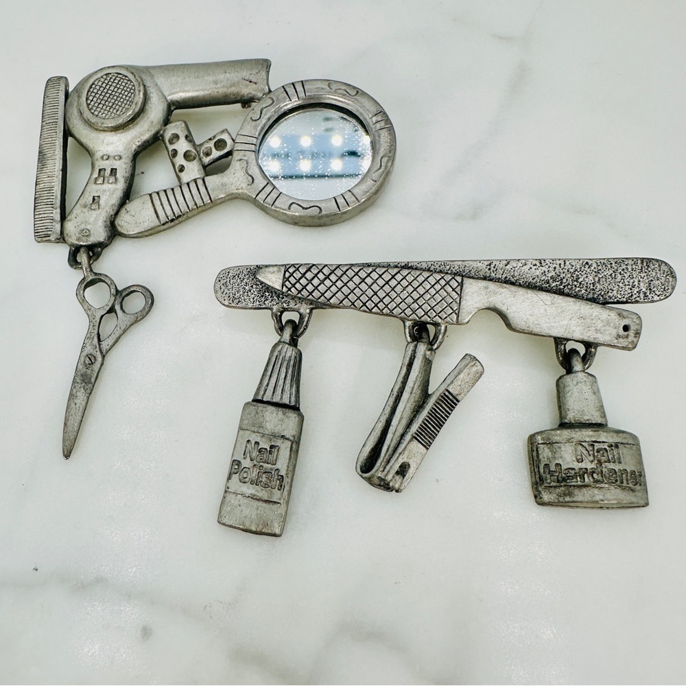 Vintage Pewter Brooch Lot Salon Manicure Nail Spoontiques JJ Blow Dryer Scissor